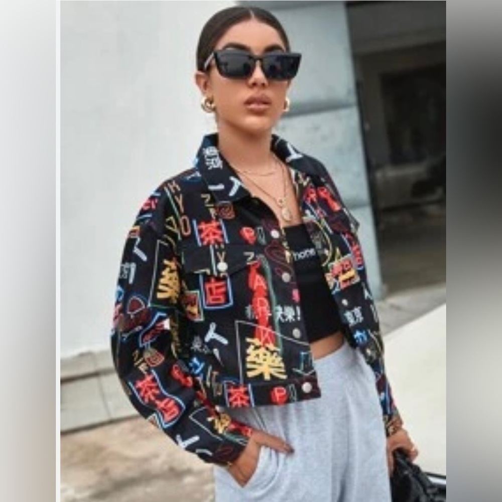 Shein Long Sleeve Cropped Unity All Print Button Down Jacket/Blazer WOMEN SZ 10